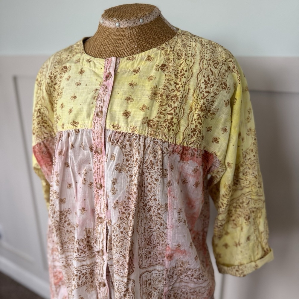 Anthropologie Pilcro The Tavi Blouse Top XS Patchwork Button Cotton Oversized - Picture 2 of 7